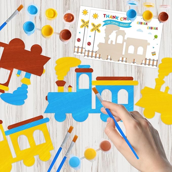 12 Pack Pre-Packaged Train Party Favors, Wooden Train Painting Kits, Choo Choo 2nd Birthday Decorations, Toddler Party Favors & Goodie Bag Stuffers for Kids 3-5