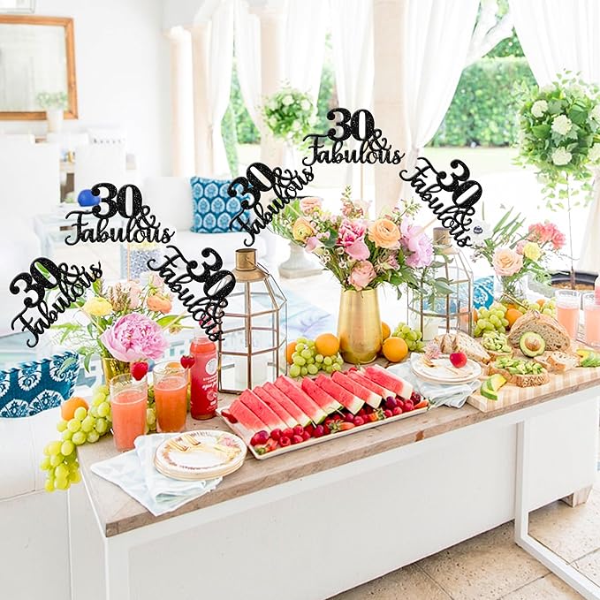 12 PCS 30 and Fabulous Centerpiece Sticks Double Sided Happy 30th Birthday Table Flower Centerpieces Sticks Cheers to 30 Floral Decorations for 30th Birthday Anniversary Party Supplies Black