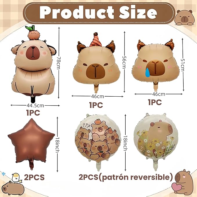 7 PCS 24" Capybara Foil Balloons - Animal Theme Birthday Decorations for Baby Shower, Gender Reveal Party Supplies, Durable Aluminum Mylar Balloons with Hanging Strings & Star Accents