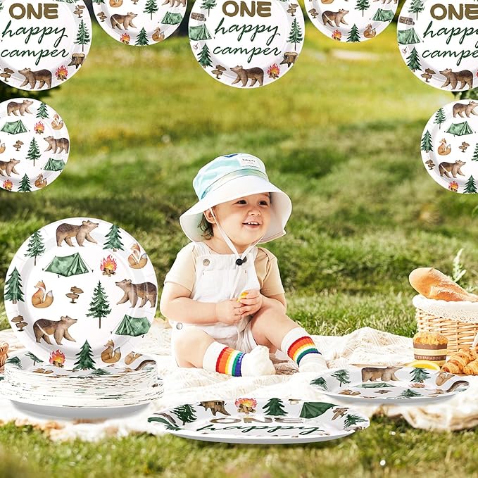 96 Pcs One Happy Camper Birthday Decorations Disposable Happy Camper Paper Plates and Napkins Tableware Set Camping 1st Birthday Party Supplies for Boys Adventure First Birthday Party Decor Serves 24