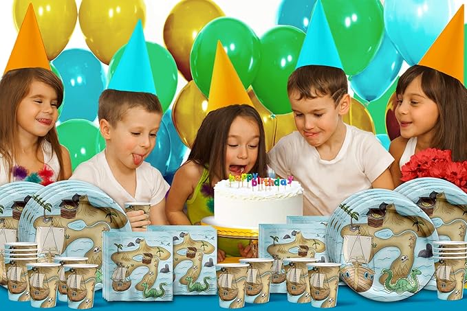 Pirate Treasure Map Birthday Party Supplies - Treasure Hunt Party Kit for 16 Includes Plates, Napkins and Cups