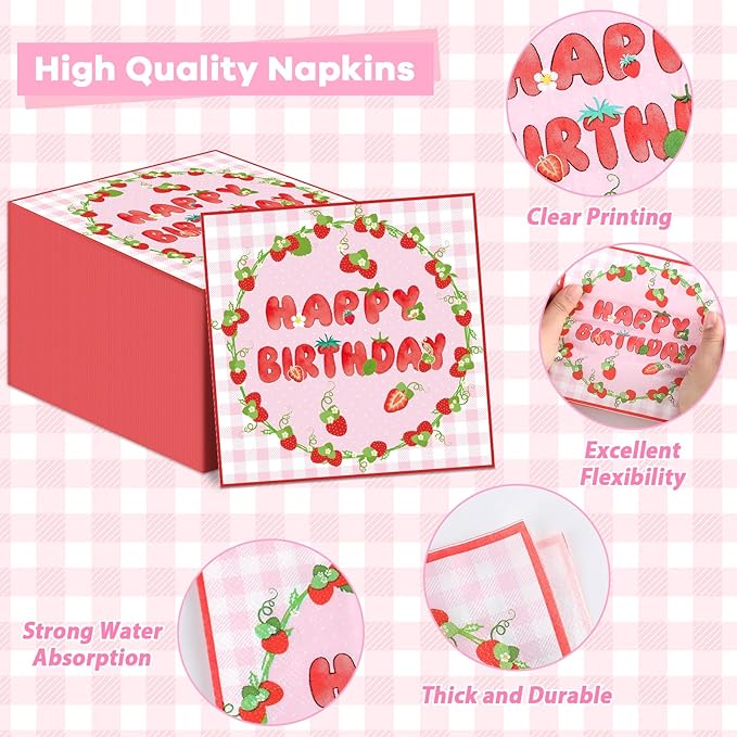 96 PCS Strawberry Theme Birthday Shortcake Party Paper Plates and Napkins Disposable Strawberry Party Plates Dinnerware Berry Sweet Tableware Decor for Baby Shower Birthday Gatherings Decorations