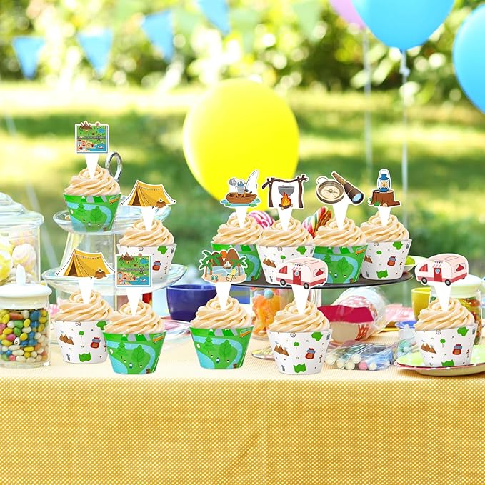 48 Pack Camping Cupcake Toppers and Wrappers, Woodland Adventure Party Cake Decoration for Camping Theme Birthday Party Baby Shower Supplies