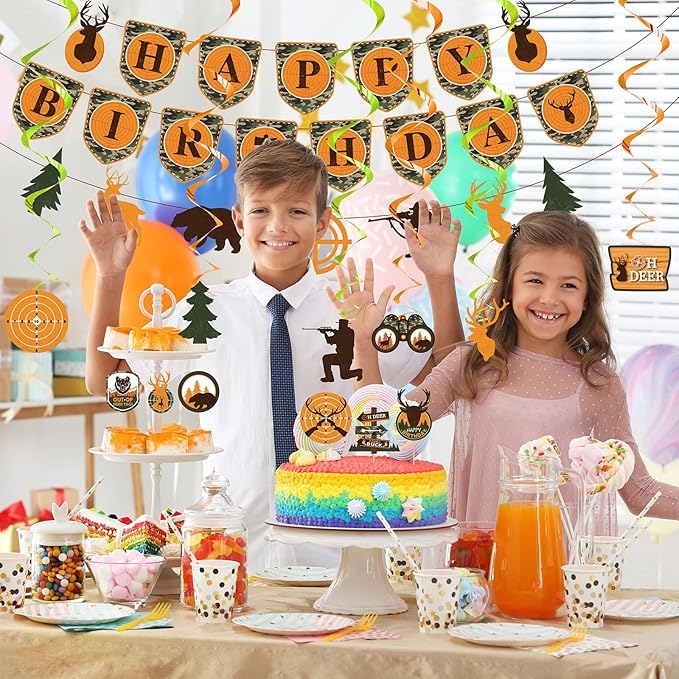 Dianelhall 62 Pcs Hunting Birthday Party Decorations Camo Deer Hunting Birthday Decorations Include Banner Camo Cupcake Toppers Swirls Deer Decoration for Baby Shower Gone Huntings Party Supplies