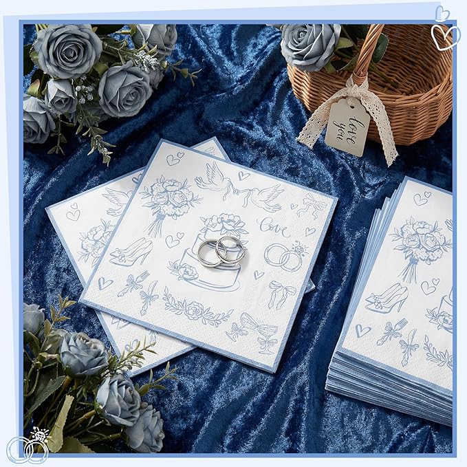 100 Pcs Wedding Napkins, Blue and White Engagement Cocktail Napkins Something Blue Bridal Shower Napkin for Bachelorette Party, Wedding, Bridal Shower
