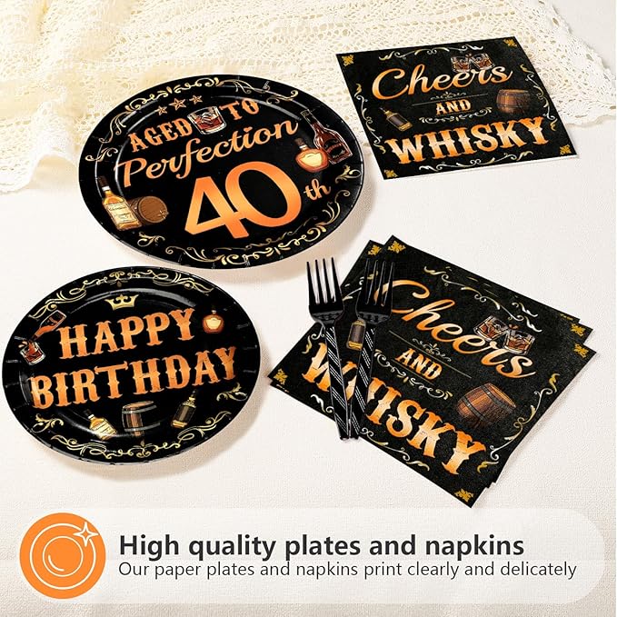 96 Pcs Whiskey 40th Birthday Party Supplies Aged To Perfection 40th Plates and Napkins Disposable Cheers and Whiskey Tableware Set for Men Vintage 40 Years Old Birthday Party Decorations Serves 24