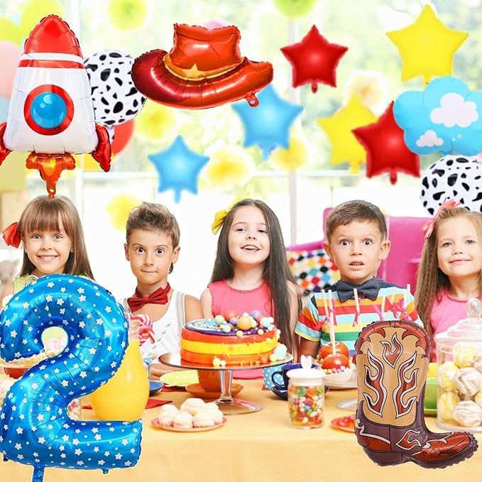 Toy Themed Story Birthday Decoration Balloon Set,Cartoon Style Birthday Rocket,Cowboy Hat,Boots,Clouds,Star Patterns, For kid Party Supply (2nd-Two Infinity and Beyond)