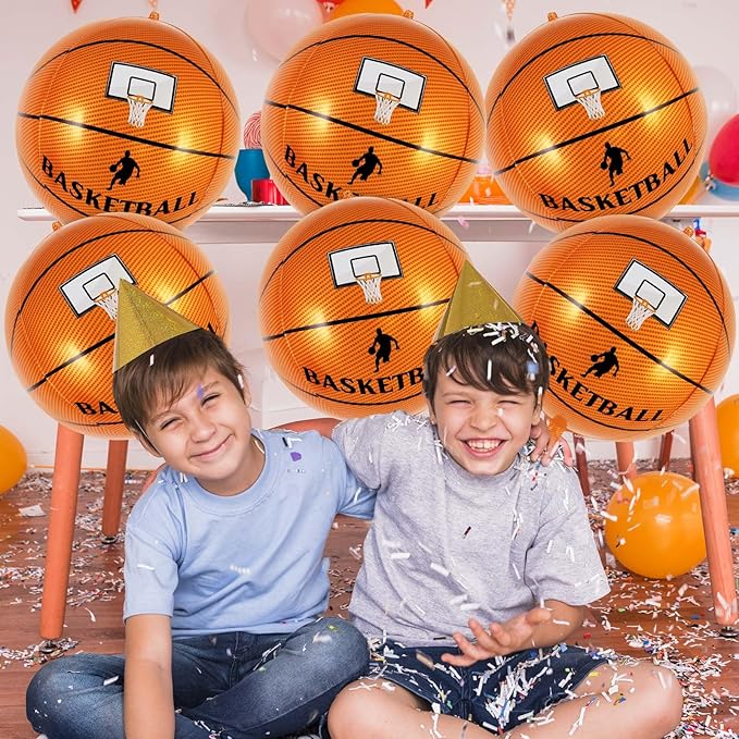 6 Pcs Basketball Balloons, 22 Inch Foil Mylar Basketball Balloon Large Round Sphere Balloons for Basketballs Sports Themed Birthday Party Decorations Supplies