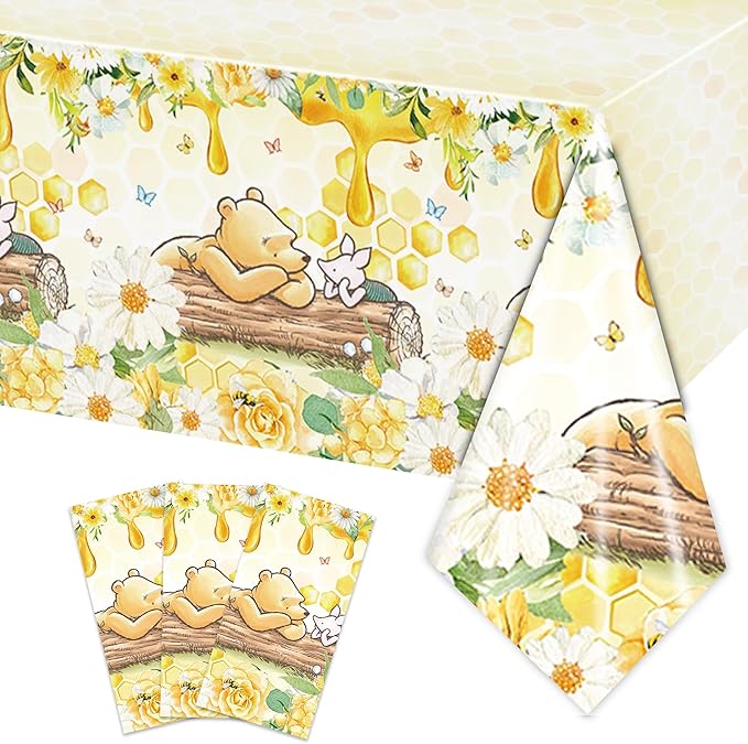 3PCS Winnie Bear Baby Shower Tablecloths, Kids Boys Girls Birthday Party Decorations Spring Classic Winnie Bear Neutral Table Cover Party Supplies -54x108IN