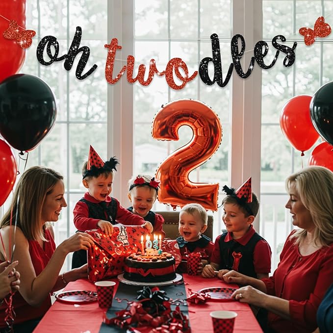 Glitter Black Red Oh Twodles Banner Pre-Strung Mouse Themed Cartoon Party Sign Garland 2nd Baby Birthday Decorations Birthday Party Supplies for Boys Girls,NO DIY
