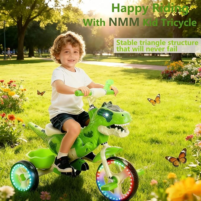 NMM Dinosaur Tricycle for Toddlers, Kids Trike with Music, LED, Tricycles for 3-5 Year Olds, for Rider, Big Wheel, Storage Basket, Horn, Toddler Bike for Boy, Dinosaur Toys for Kids 2-4 4-7