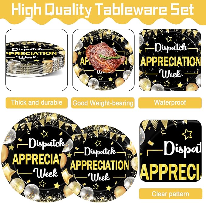 96PCS Dispatch Appreciation Week Party Paper Plates and Napkins Thank You Party Decor Black Gold Work Anniversary Tableware for Staff Employee Party Gatherings Decorations