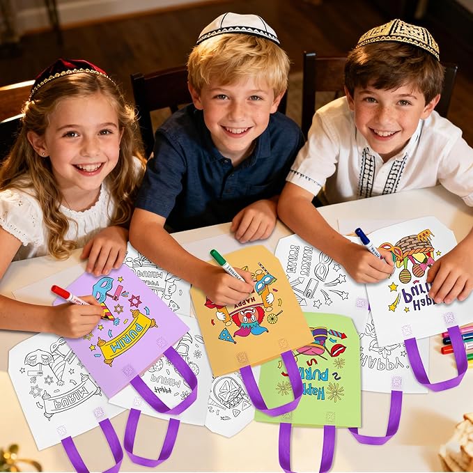 Purim Coloring Goodie Bags for Kids - 24Pcs Happy Purim Color Your Own Gift Bags with Handle Carnival Themed Reusable Non Woven Coloring Tote Packet for DIY Painting Jewish Party Spring Holiday Favor