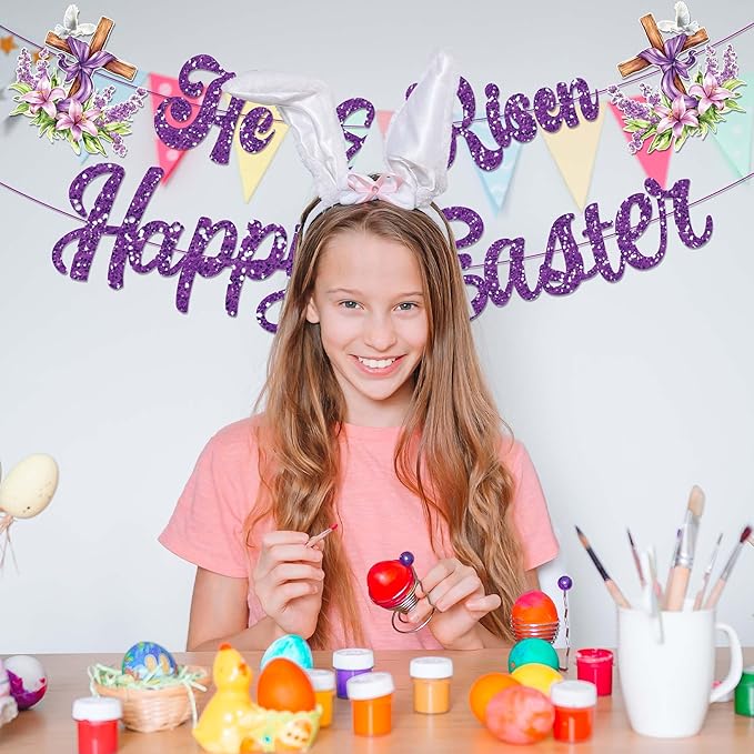CC HOME Purple Glitter Happy Easter Cross Banner He is Risen Party Hanging Banner Easter Theme Birthday Bridal Wedding Baby Shower Boys Girls Kids Home Classroom Party Supplies Decoration