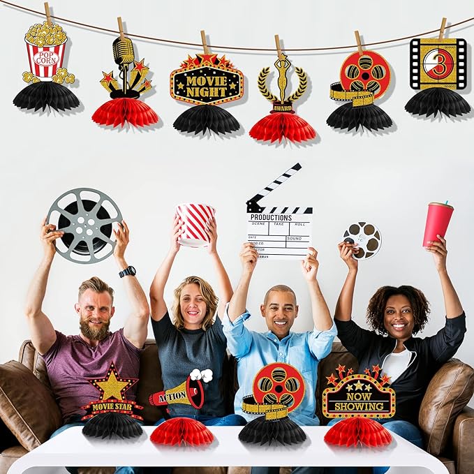 Pajean 12 Pieces Movie Night Party Decorations Supplies Movie Theater Centerpiece Honeycomb 3D Ticket Popcorn Star Table Topper Decor for Birthday Party Favors(Red)