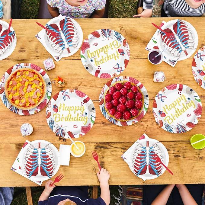 96Pcs Human Anatomy Body Part Birthday Party Supplies Human Body Theme Plates and Napkins Organ Heart Stomach Theme Tableware Set for Medical Physiology Doctor Nurse Birthday Party Supplies，Serves 24
