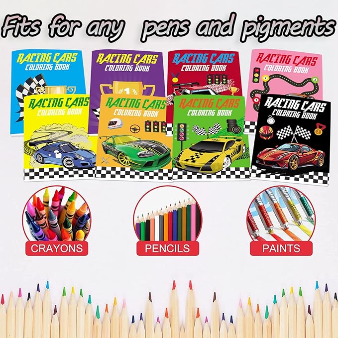 Lyosehy 24PCS Coloring Books Racing Car Theme Party Favors Racing Car Activity Coloring Books Bulk Fast Racecar Wheel Theme Birthday Party Drawing Book Craft Supplies