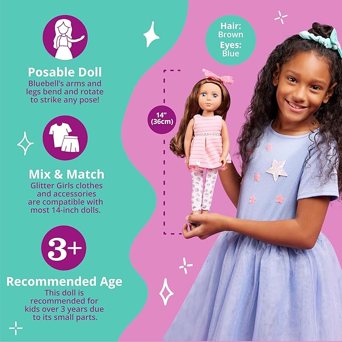 Glitter Girls – 14-Inch Fashion Doll – Brown Hair & Blue Eyes – Pink Dress, Glittery Shoes & Hairbow – Dolls for Girls 3+ Years – Bluebell