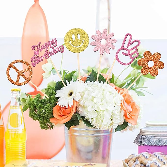 12 PCS Hippie Party Centerpiece Sticks 60s Retro Boho Dasiy Flower Sun Peace Sign Hand Table Flower Centerpieces Sticks for Hippie Theme Happy Birthday Party Centerpiece Decorations Supplies