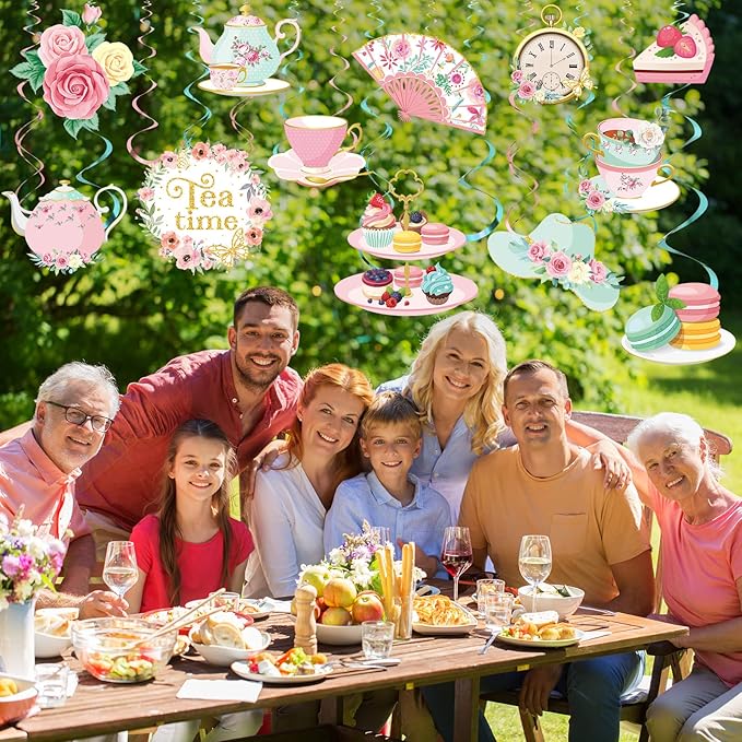 Faccito 53 Pcs Tea Party Decorations Birthday Supplies - Floral Tea Party Birthday Decor Hanging Paper Swirls with Teacup Partea Time Ceiling Decoration for Spring Women Adults Bridal Wedding Favors
