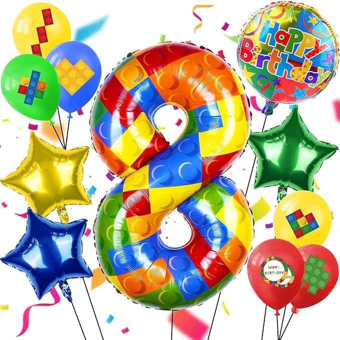 40 Inch Building Block Number Balloon, Colorful Number Block Foil Balloons Large Big Numbers Helium Balloon for Girls Boys 8th Birthday Brick Theme Party Decorations (Number 8)