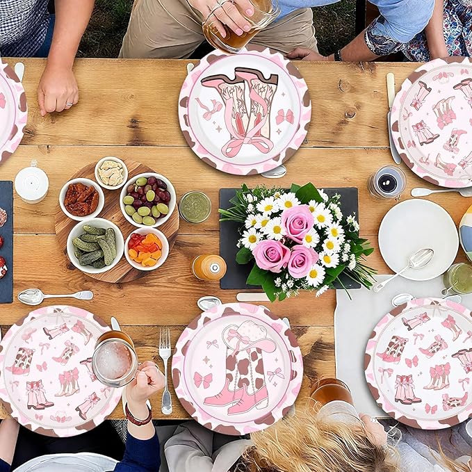 60Pcs Coquette Cowgirl Birthday Party Decorations 9" Western Bow Cowgirl Plates Disposable Pink Bows Rodeo Bachelorette Tableware for Western Cowgirls Themed Birthday Baby Shower Party Supplies