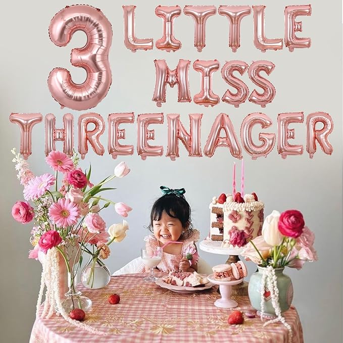 Rose Gold 3rd Birthday Decorations Little Miss Threenager Balloon Banner Third Birthday Decors Girl Rose Gold Number 3 Foil Balloon Crown Theme Supplies for Princess 3rd Three Years Old Girl