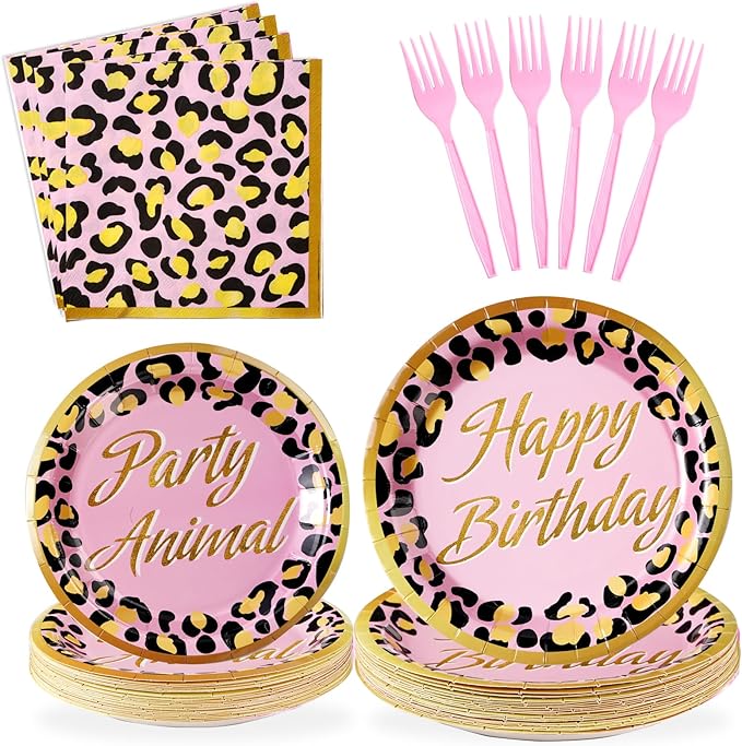 Grencian 96Pcs Cheetah Birthday Party Decorations Pink Leopard Plates and Napkins Cheetah Print Tableware for Women Girls Jungle Safari Animal Leopard Birthday Baby Shower Party Supplies, Serves 24