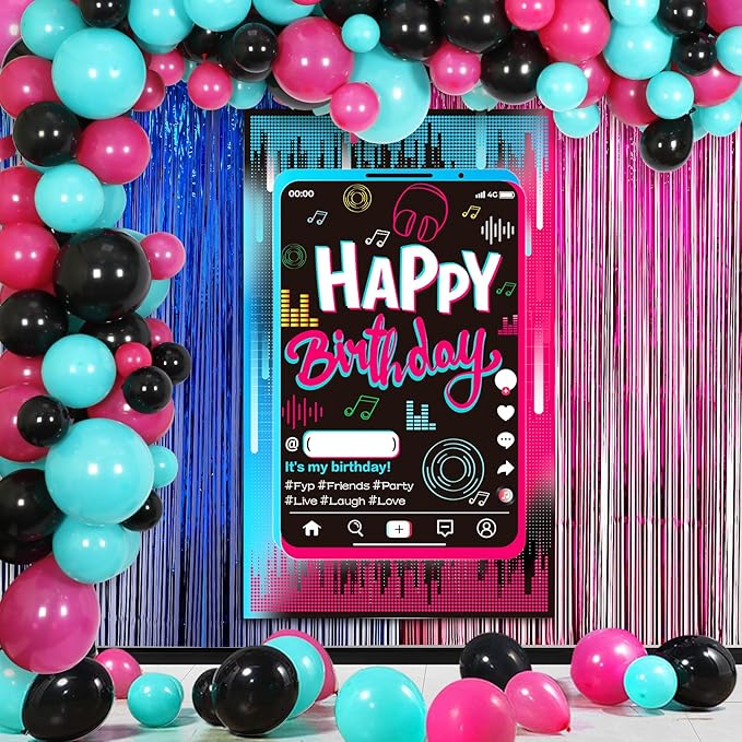 OurWarm Tik Tok Birthday Party Decorations, 135Pcs Happy Birthday Decorations, Includes Banner, Fringe Backdrop, Balloons Arch, Tablecloth for Party Supplies