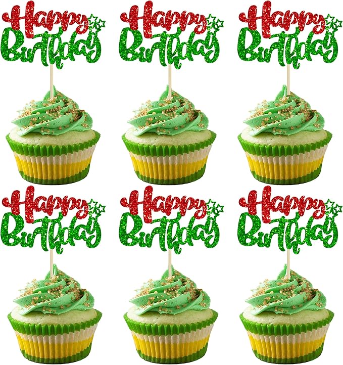 Ephlyn 24Pcs Happy Birthday Cupcake Toppers Double Layer Glitter Happy Birthday Cake Decorations for Christmas Theme Baby Shower Anniversary Party Decorations Supplies Red Green