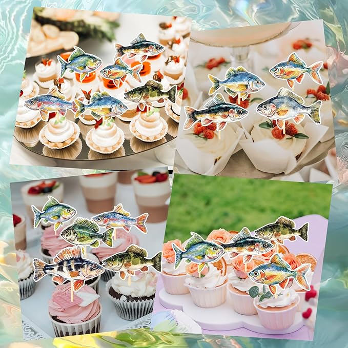 Fishing Birthday Party Decorations - 36PCS Fishing Cupcake Toppers Decorations Fish Themed Cupcake Picks Decor for Baby Showers Supplies