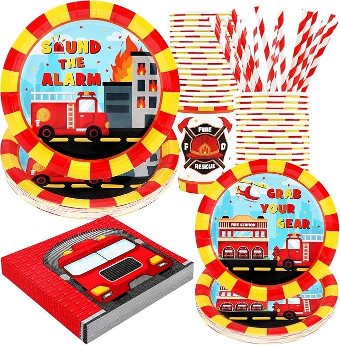 Firetruck Birthday Party Supplies Decorations, Fire Truck Theme Paper Plates and Napkins Set for 24 Guests, 120 Pcs Disposable Firefighter Party Dessert Dinnerwares
