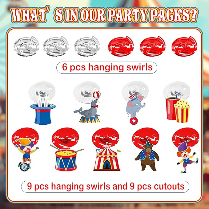 24 Pcs Carnival Hanging Swirl Party Decorations, Circus Clown Animals Theme Party Ceiling Decor Double Sided Circus Decorations for Home Classroom Birthday Party Favors