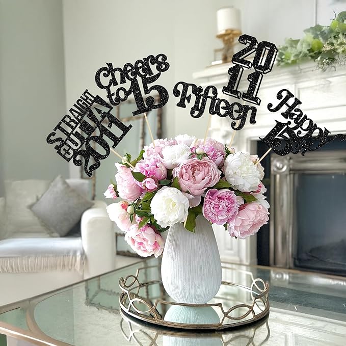 Gyufise 15Pcs Happy 15th Birthday Centerpiece Sticks Fifteen Straight Outta 2011 Table Flower Centerpieces Sticks for Cheers to 15th Birthday Party Supplies Black