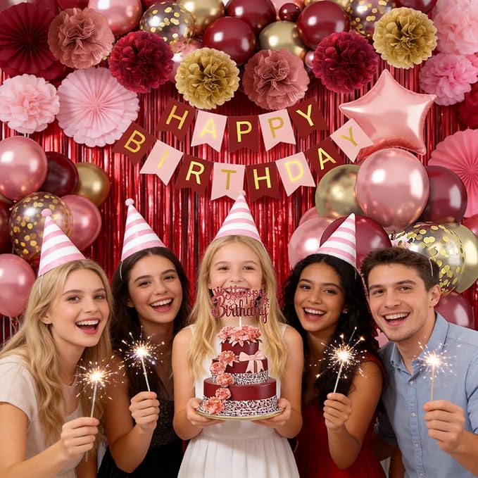 Burgundy Birthday Decorations for Women Girls, Wine Red Rose Gold Balloons Maroon Burgundy Gold Happy Birthdays Balloon Banner Pompoms Curtains for Women Girls Adults Birthday Party Decorations