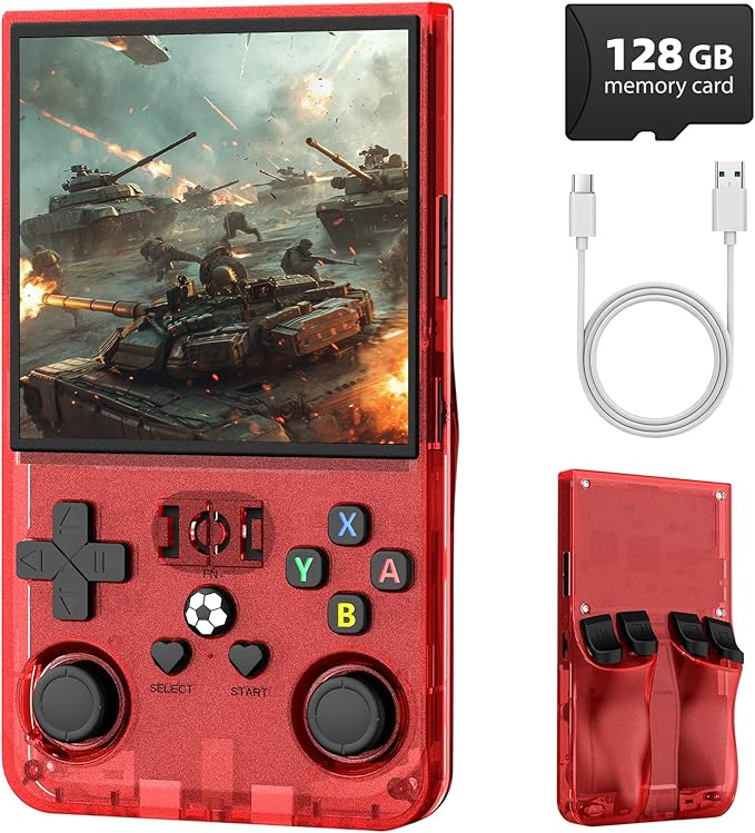 R36MAX Retro Handheld Game Console, 4.0 Inch IPS Screen Retro Gaming Console,Linux System, 4000mAh Battery Portable Pocket Mini Arcade, Built-in 128G (Red)