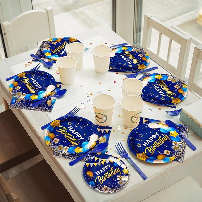 gisgfim 96 Pcs Blue and Gold Birthday Plates and Napkins Party Supplies Navy Blue Party Tableware Set Happy Birthday Decorations Favors for Men Women for 24 Guests