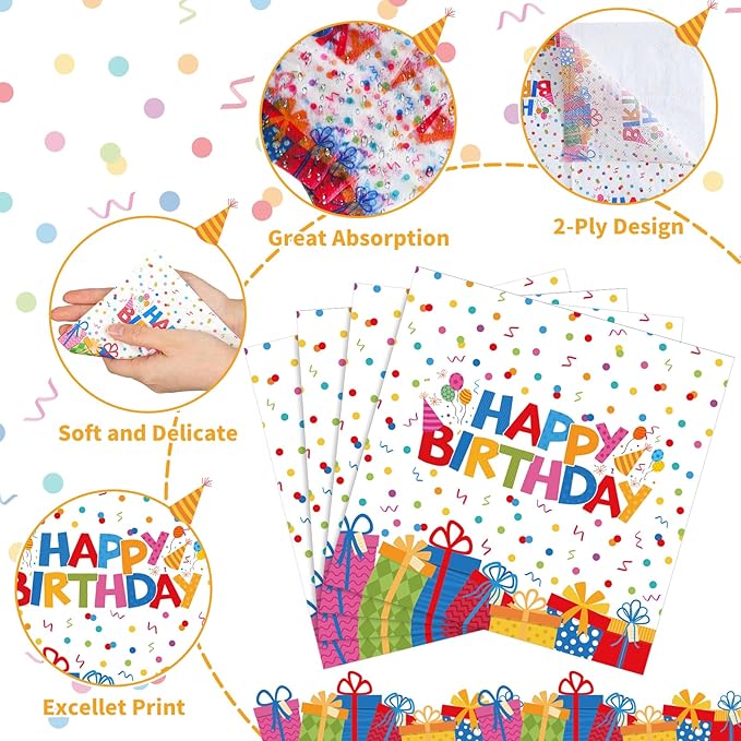100 Pcs Happy Birthday Napkins Kids 5X5 Inch Rainbow Birthday Cocktail Napkins with Colorful Dots and Gift Boxs Pattern Design, Birthdays Party Supplies Suitable for Women & Kids