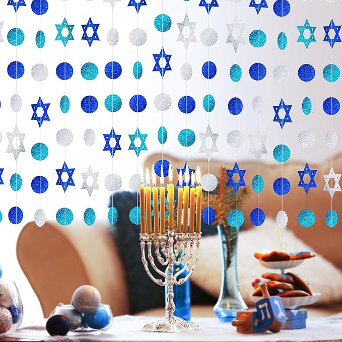 MARFOREVER 41 Ft Hanukkah Decorations Hanging Banner 5 PCS Chanukah Decorations Glitter Blue White Star of David Streamers Swirls Hanukkah Garland for Jewish Party Home Wall Ceiling Decor