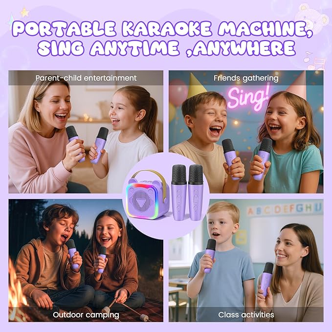 Mini Karaoke Machine for Kids,Portable Bluetooth Speaker with 2 Microphones,Music Player for Singing and Party,Ideas Birthday Toys Gifts for Girls Boys 3,4,5,6,7,8,9,10,11,12+ Years Old (Purple)