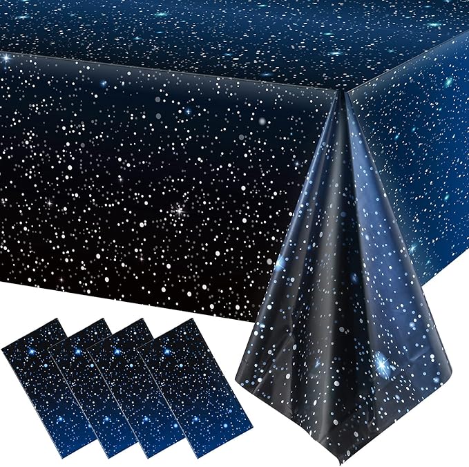 4 Pieces Space Tablecloth Starry Night Tablecloth Decorations Plastic Galaxy Table Cover Space Stars Theme Party Supplies for Birthday Home Decorations, 54 x 108 Inch