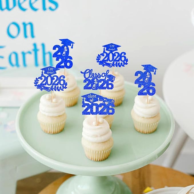 Graduation Cupcake Toppers 2026 Food/Appetizer Picks For Graduation Party Mini Cake Decorations 2026 Cupcake Toppers Graduation 24 Pieces (blue)