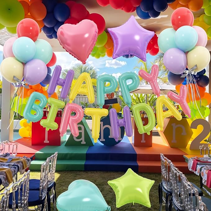 29PC Pastel Rainbow Happy Birthday Balloon Banner,16 Inch Foil Letters Letter Banner Sign, Macaron Colorful Latex Balloons 18 Inch Star Heart Foil Balloon for Women Girls Party Decor