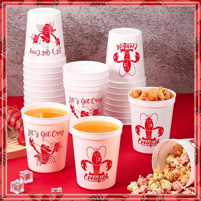 24 Pcs Plastic Crawfish Cups 16 oz Reusable Thick Crawfish Boil Party Supplies White Drinking Cups for Birthday Lobster Seafood Party Decorations Favors Gift