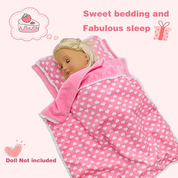 Baby Doll Accessories Dollhouse Bedding Set - Doll Blanket, Pillow & Mattress Playset for 18" Dolls,Gifts for Boys Girls Ages 3 4 5 Year Old (Pink Heart)