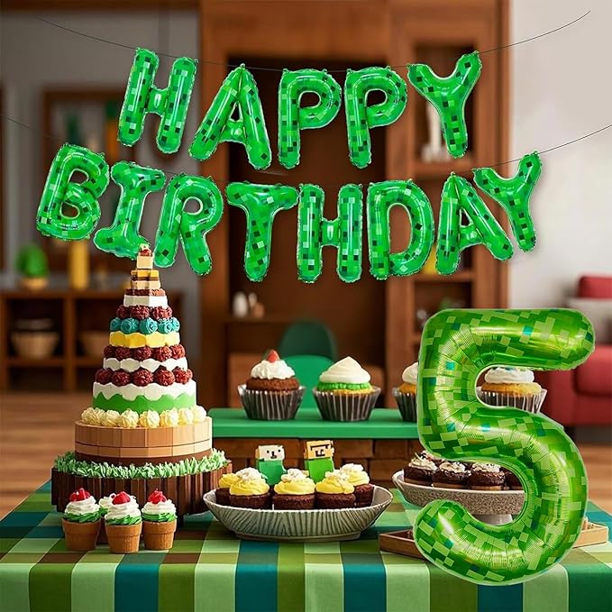 3Pcs Large Pixel Boxes Cube Foil balloons 22Inch Video Game Miner Theme Mylar Balloon Pixel Mining Game Birthday Party Decorations Supplies Green
