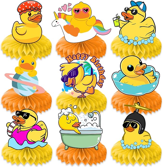 9PCS Rubber Duck Honeycomb Centerpieces Themed Birthday Party Decorations Yellow Duck Animals Centerpiece Table Decoration Party Favors Decor Supplies Gifts for Boys Girls Men Women