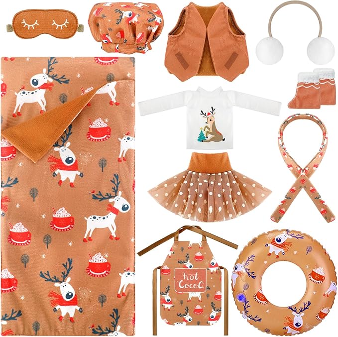 Kacctyen 11 Pcs Christmas Accessories Include Brown Doll Sleeping Bag Apron Chef Hat Ear Muffs Scarf Top Shorts Vest Ski Ring Eye Mask Skirt Snowmen Clothes (Reindeer Style)