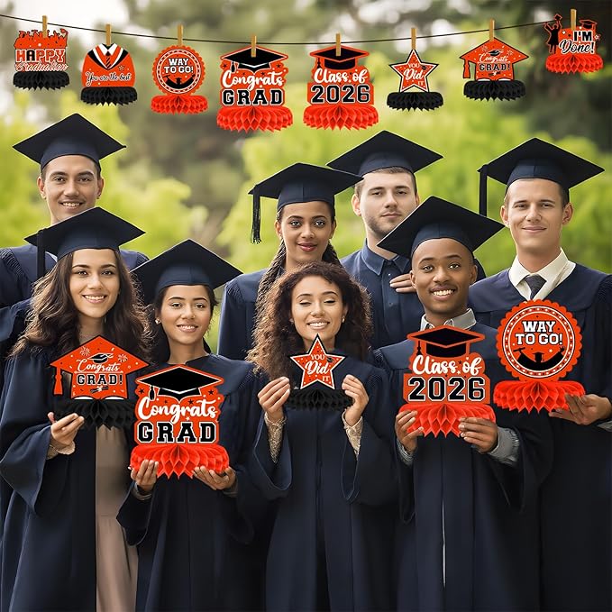 8 Pieces Class of 2026 Graduation Table Decorations - 2026 Congrats Grad Honeycomb Centerpieces, Graduation Table Toppers Decor for 2026 Graduation Party Decorations Favor Supplies, Orange