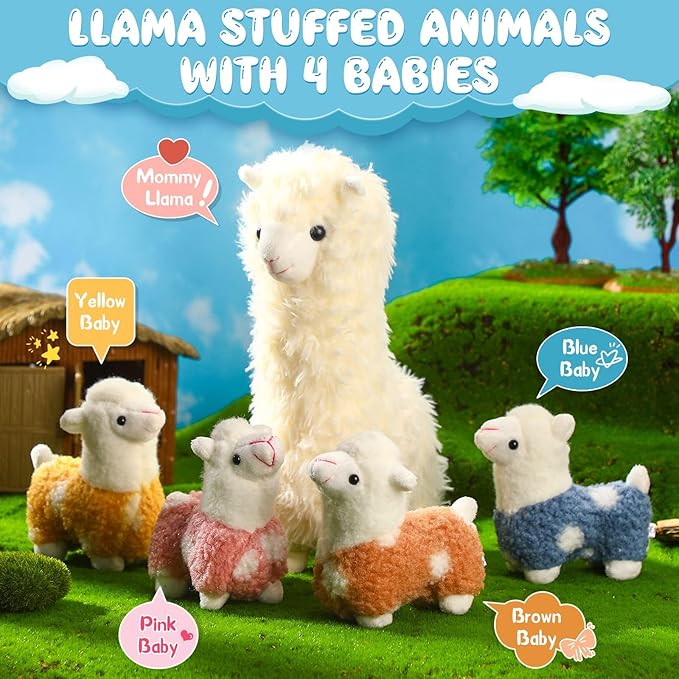 Civaner Llama Stuffed Animal with 4 Baby Llama Plushies Cute Alpaca Plush Set Soft Kawaii Alpaca Pillow for Kids Girls Easter Mother's Day Birthday Party Charity Donation Home Decor(White)